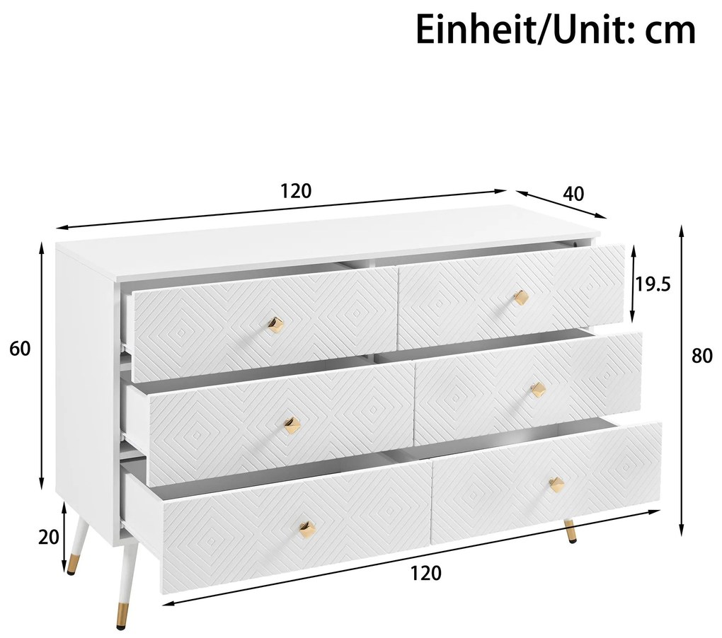 Comodă cu 6 sertare, cu model geometric și mânere în formă de diamant, pentru dormitor și living, 120x40x80 cm, Alb