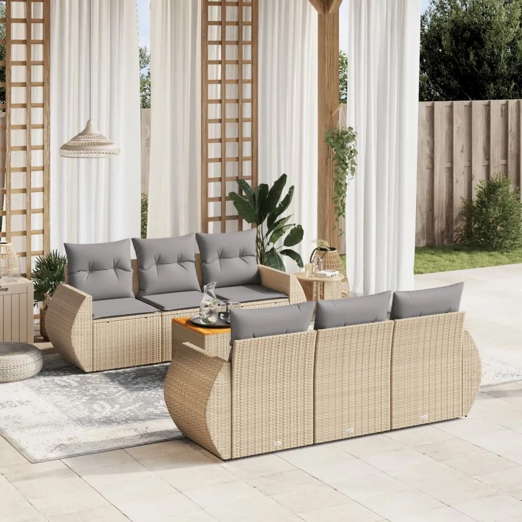 vidaXL Set canapele de grădină, 7 piese, cu perne, bej, poliratan