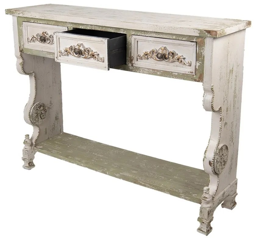 Consola alba, din lemn, 3 sertare sculptate, aspect vintage, Jardin