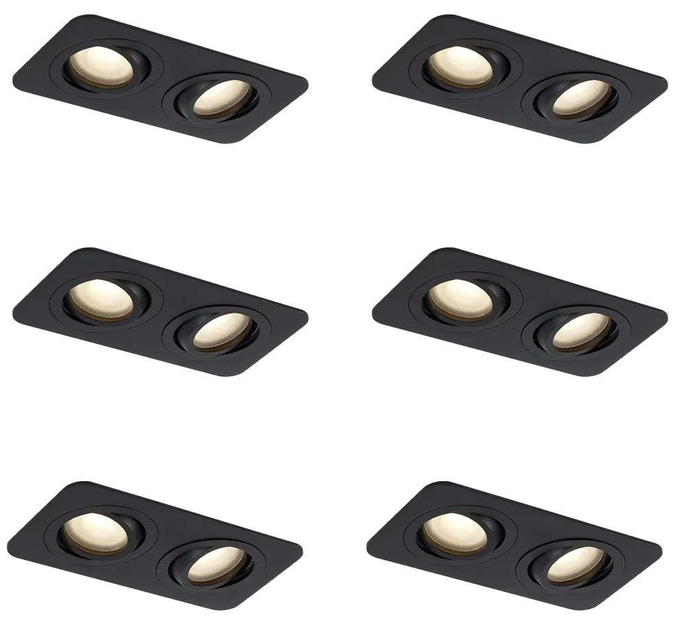 Set de 6 spoturi încastrate rotunjite negre GU10 50mm pivotante și înclinabile IP44 cu 2 lumini - Alberto