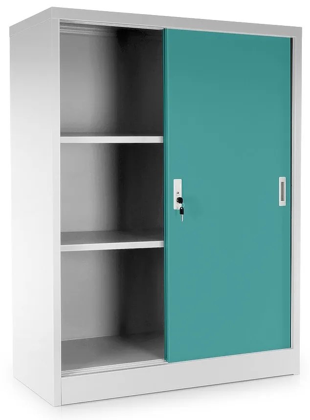 Dulap metalic universal mediu cu uși glisante 90 x 40 x 120 cm, încuietoare cilindrică, verde - ral 6033
