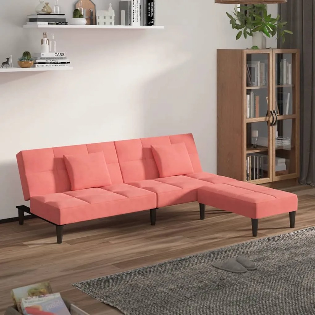 3080628 vidaXL Canapea extensibilă 2 locuri, 2 perne/taburet, roz, catifea