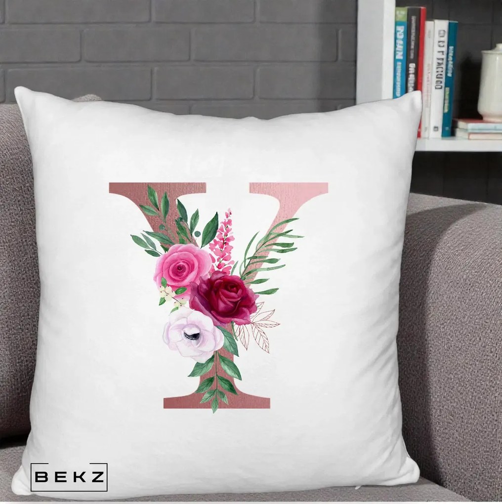 Cadou Personalizat - Perna Personalizata Monograma Rose Gold Litera Y, 40x40 cm, Alb Pufos, Husa Detasabila, Perna Inclusa, BEKZ®