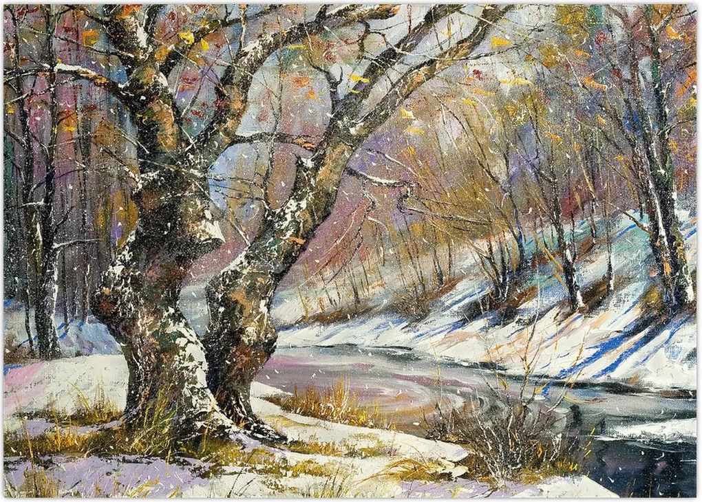 Tablou cu peisaj de iarnă pictat (70x50 cm)