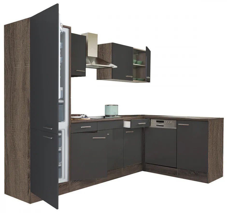 Mobilă de bucătărie de colț Yorki 280, corp din stejar Yorki, față antracit satinat, cu frigider sub blat