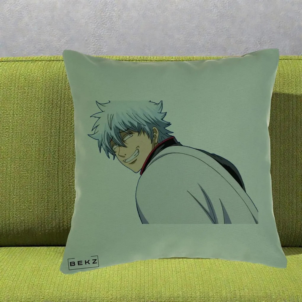 Perna Personalizata Gintama Gintoki Portret cu Zambet, 40x40 cm, Verde, Husa Detasabila, Perna Inclusa, BEKZ®