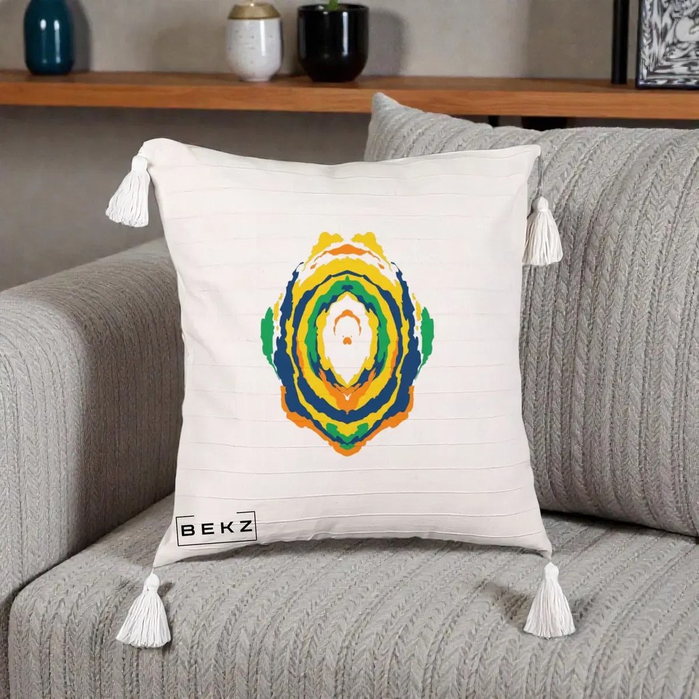 Perna Decorativa Oval Abstract Multicolor, 40x40 cm, Bej cu Franjuri, Husa Detasabila, Perna Inclusa, BEKZ®