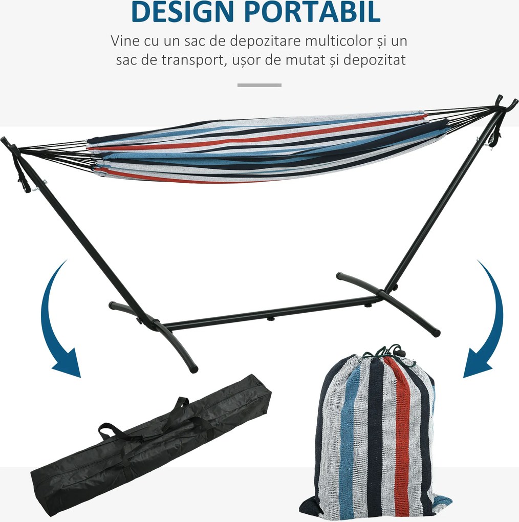 Outsunny Hamac cu Suport 310x117cm pentru Camping cu Înălțime Reglabilă și Geantă de Transport, Capacitate 120 kg, Dungi Albastre și Albe | Aosom Romania