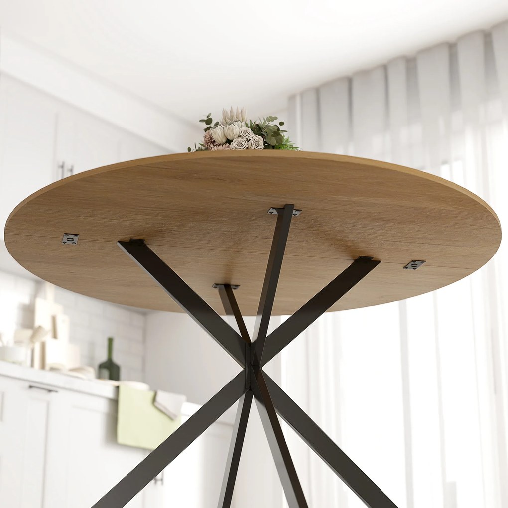 HOMCOM Masă de dining rotundă pentru 4 persoane 120 cm stil industrial cu plank aspect lemn, picioare incrucisate din oțel, stejar | Aosom Romania