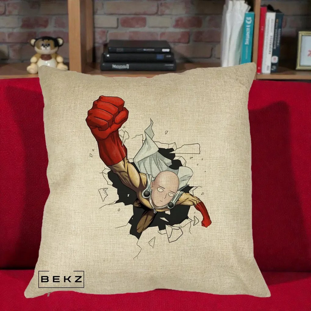 Perna Personalizata One Punch Man Saitama Pumn, 40x40 cm, Crem, Husa Detasabila, Perna Inclusa, BEKZ®