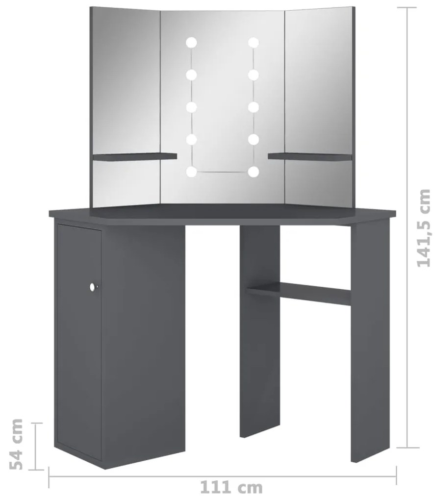 Masa de toaleta de colt, cu LED, gri, 111x54x141,5 cm Gri