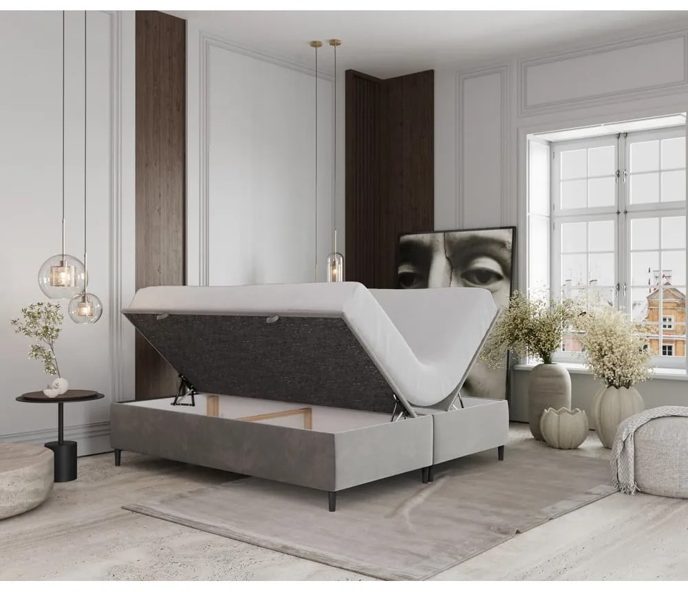 Pat matrimonial gri deschis tapițat cu spațiu de depozitare 140x200 cm Tate – Maison de Rêve