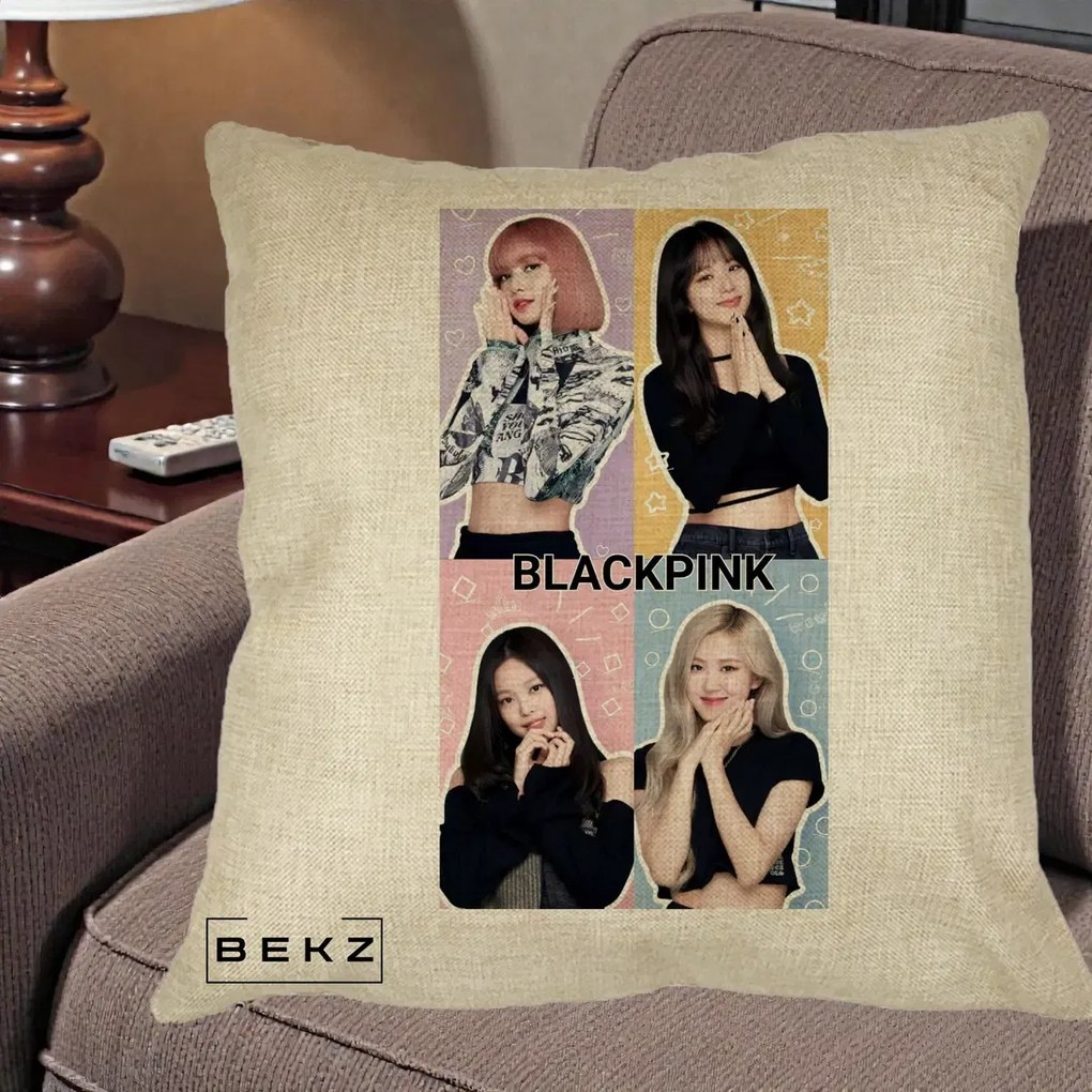 Perna Personalizata K-pop BLACKPINK Negru, 40x40 cm, Crem, Husa Detasabila, Perna Inclusa, BEKZ®