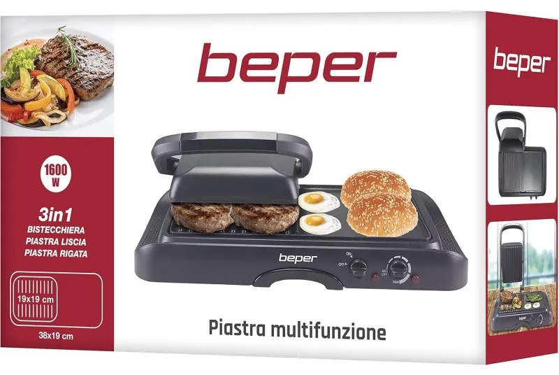 Gratar electric multifunctional Beper P101TOS501, 3in1, 1600W, Acoperire antiaderenta, Negru