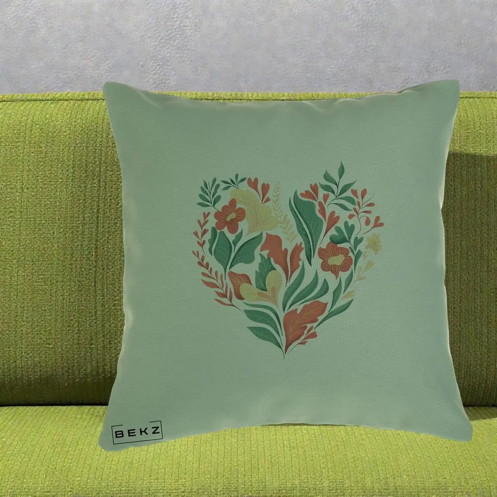 Perna Decorativa Inima Florala Botanica, 40x40 cm, Verde, Husa Detasabila, Perna Inclusa, BEKZ®
