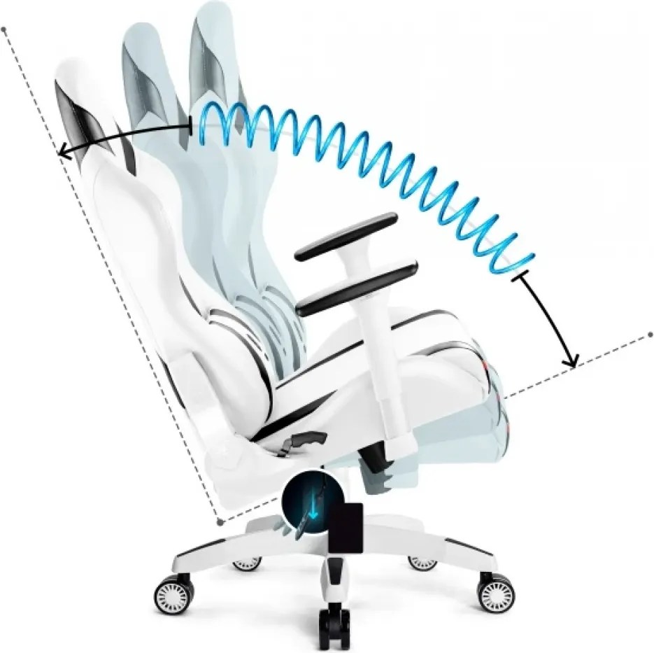 RESIGILAT- Scaun gaming, ergonomic, masaj pernă lombară, brațe reglabile 2D, piele PU, roți silențioase, rezistent 150 KG, Alb/Negru