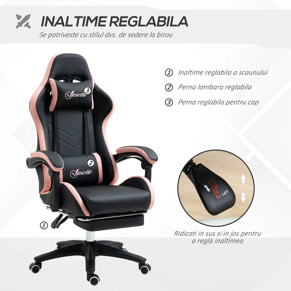 Scaun de Gaming Premium, Piele Ecologică PU, Oțel, Înălțime Ajustabilă, Spătar Inclinabil, 65x65x121-129 cm, Roz și Negru | Aosom Romania