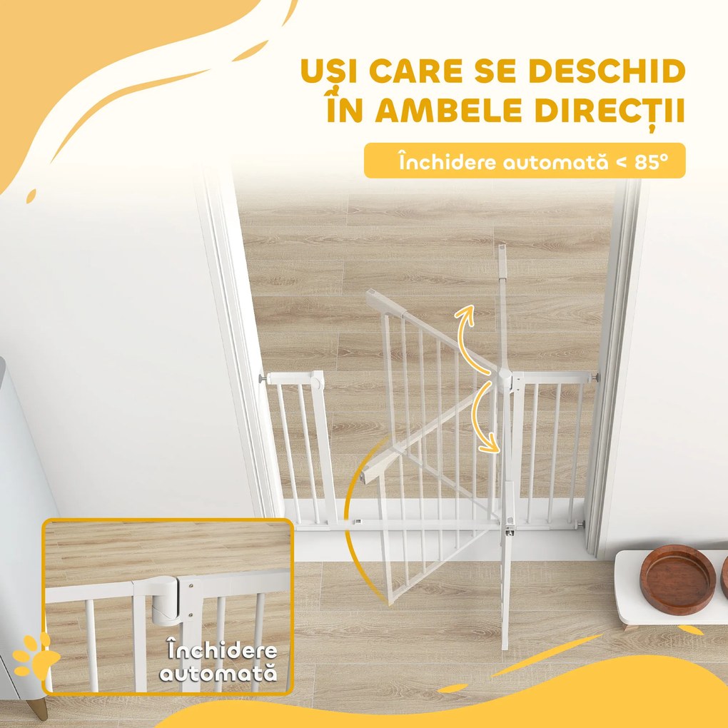 PawHut Poartă de Siguranță pentru Copii și Animale, Extensibilă 96-103 cm, Înălțime 76 cm, Poartă pentru Câini, Scări și Uși, Închidere Automată, Montaj prin Presiune, Deschidere în Ambele Direcții, Alb | Aosom Romania