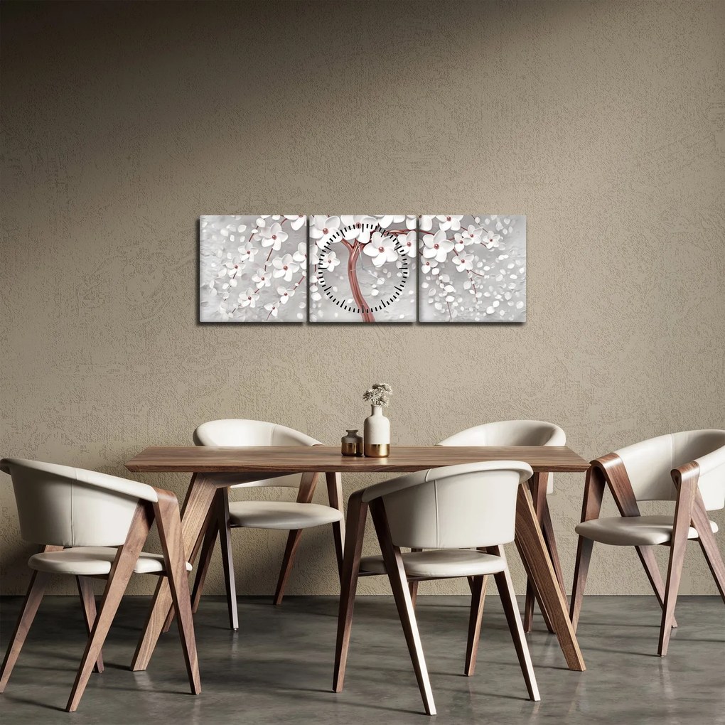 Tablou - Imaginea copacului alb cu flori albe, rosegold (cu ceas) (90x30 cm)