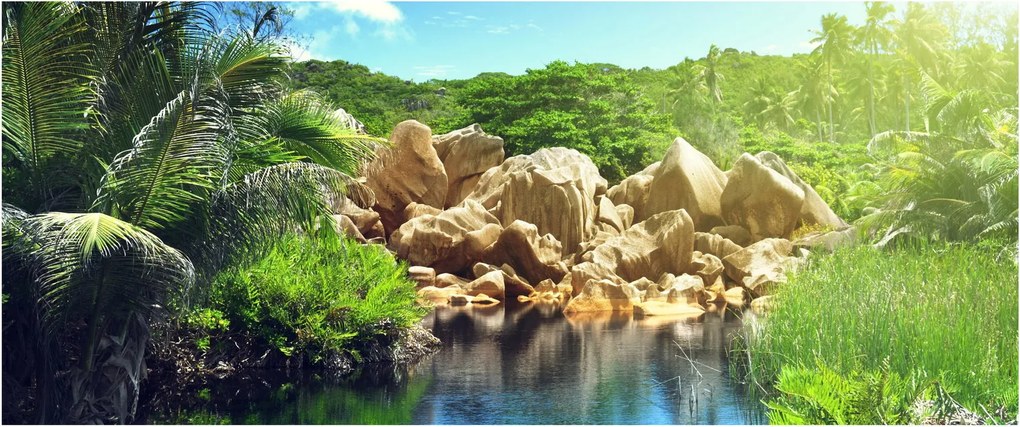 Tablou cu lac în jungla din Seychelles (120x50 cm)