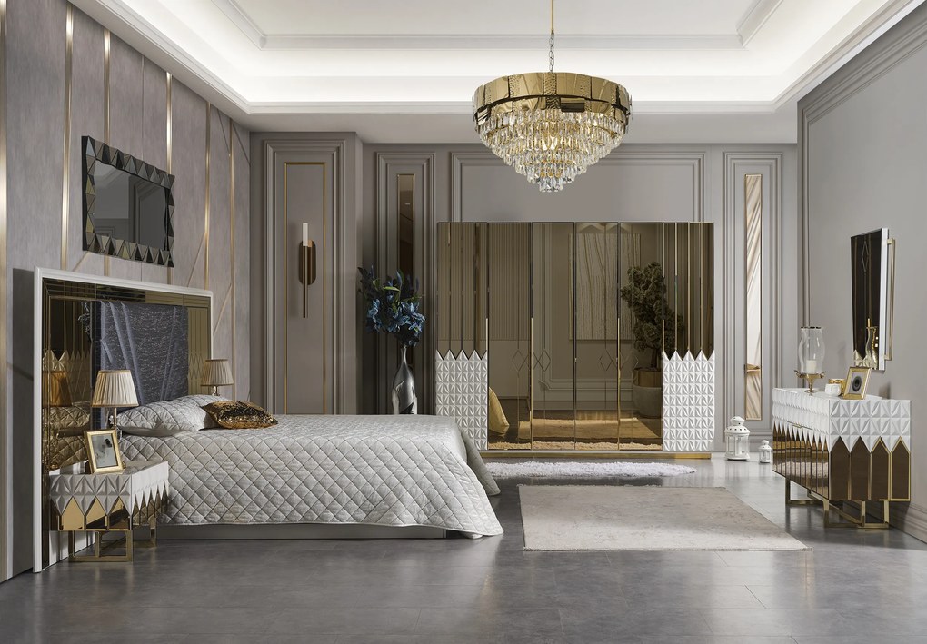 Set dormitor complet - premium lav - alb cu auriu