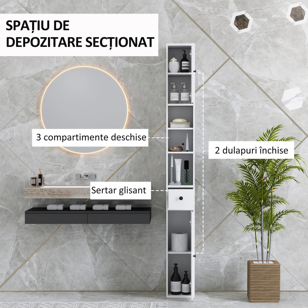 HOMCOM Dulap Înalt de Baie cu 2 Compartimente, 3 Rafturi Deschise și Sertar, 20x20x178 cm, Alb | Aosom Romania