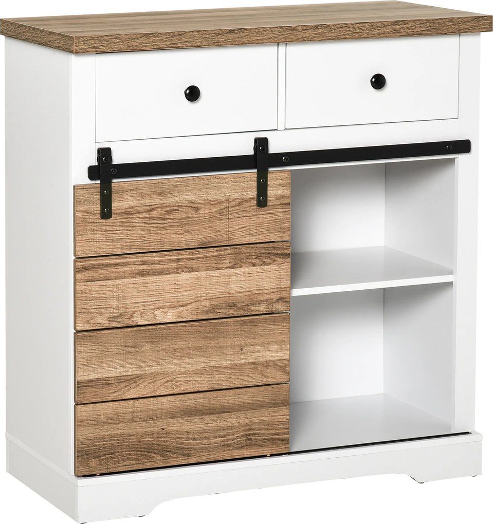 HOMCOM Dulap Rustic de Bucătărie cu 2 Sertare, Rafturi Deschise și Suport pentru Sticle, Bufet din Lemn și Metal, 80x39x86 cm, Alb