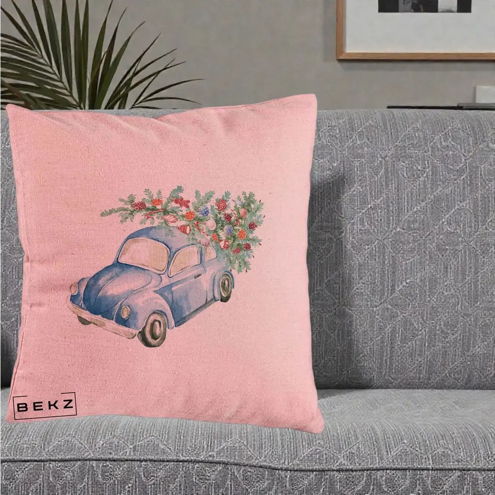 Perna Decorativa Masinuta Albastra cu Brad de Craciun, 40x40 cm, Roz, Husa Detasabila, Perna Inclusa, BEKZ®
