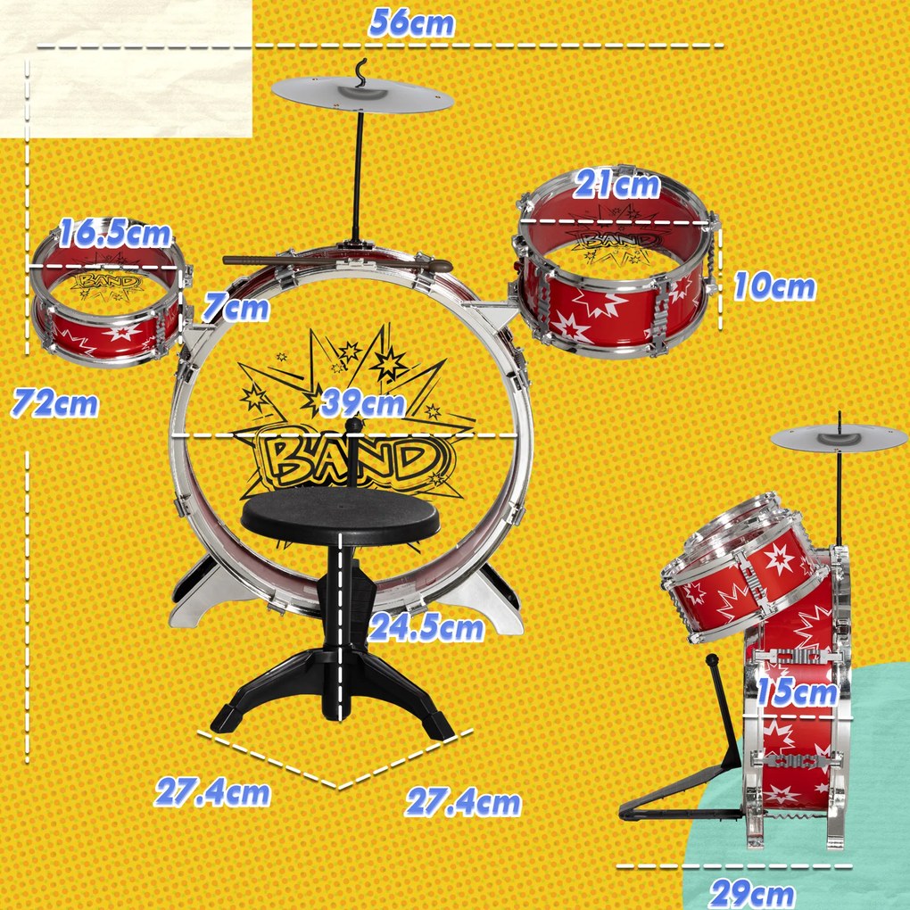 AIYAPLAY Tobe pentru Copii 3-6 Ani din 7 Piese cu Scăunel și Bățuri, Joc Muzical din Plastic și Metal, 72x29x56 cm, Roșu | Aosom Romania