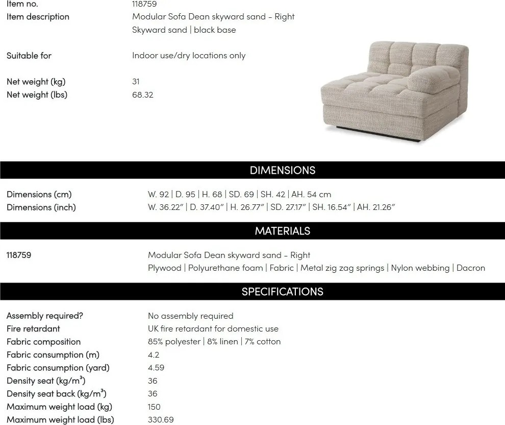 Canapea, Modul dreapta design elegant LUX Dean right Skyward sand