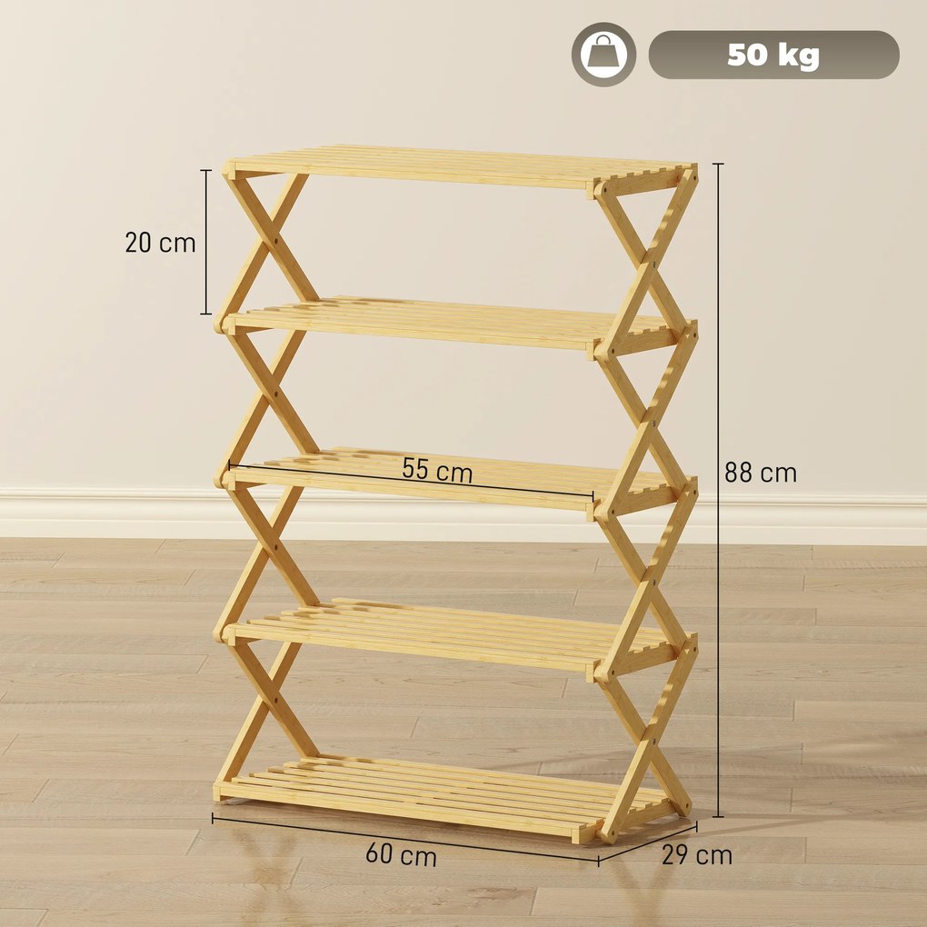 HOMCOM Suport pentru Încălțăminte din Bambus cu 5 Nivele, Fără Asamblare - Natural | Aosom Romania