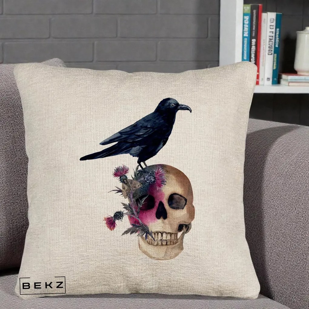 Perna Decorativa Craniu cu Corb si Flori Gothic, 40x40 cm, Bej Canapea, Husa Detasabila, Perna Inclusa, BEKZ®
