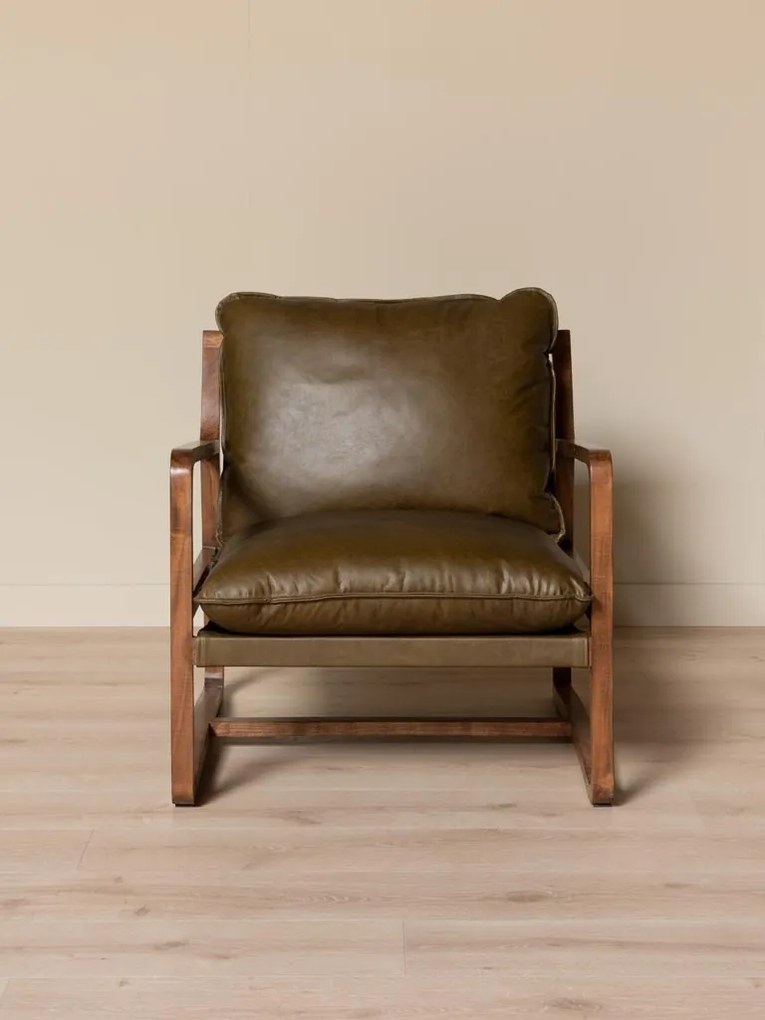 Fotoliu din piele naturală top grain, cu structură din lemn de acacia, 76×77×77 cm, „Céron"