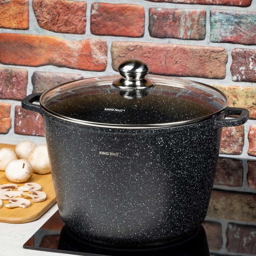 Oală cu capac 28 cm, 10L – Kinghoff KH 1599, antiaderentă cu marmură, neagră, ideală pentru supe și mâncăruri în volum mare