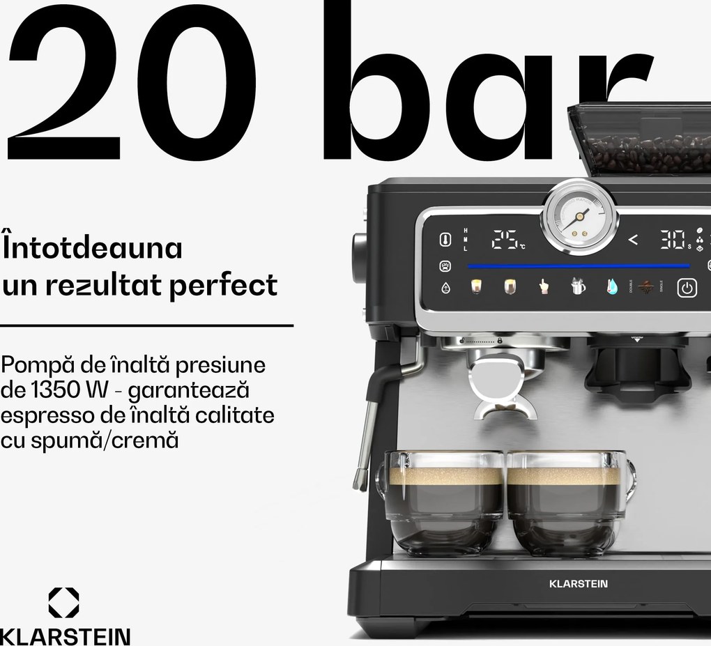 Klarstein Aparat de cafea GrandPresso Touch, 20 bar, râșniță integrată, indicator de presiune, spumă de lapte