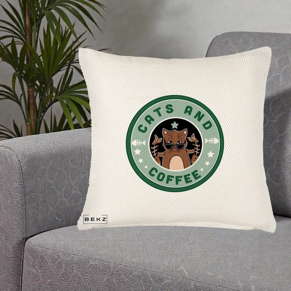 Perna Personalizata Cats and Coffee Starbucks, 40x40 cm, Crem Reliefat, Husa Detasabila, Perna Inclusa, BEKZ®