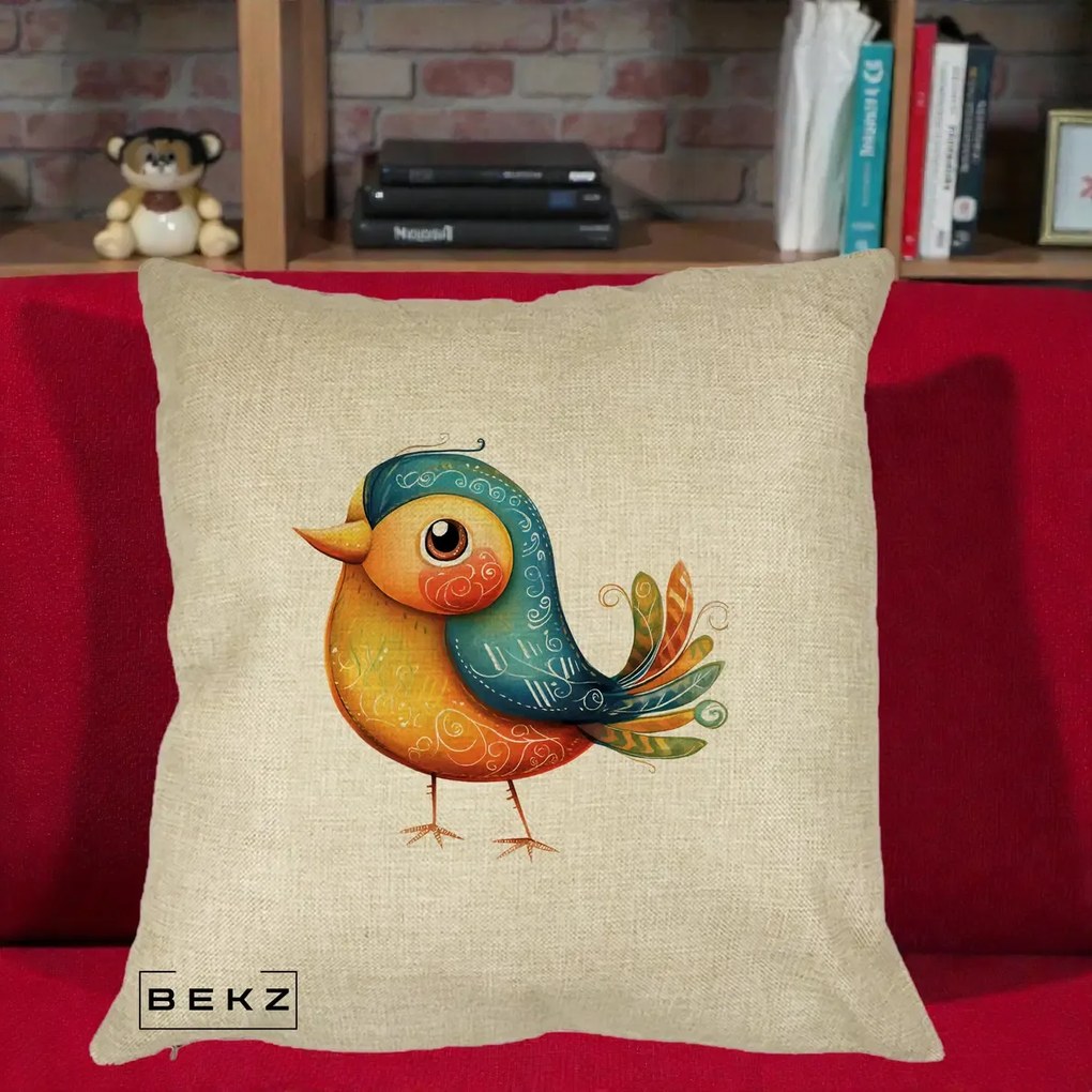 Perna Decorativa Pasare Folk Art Portocalie-Teal, 40x40 cm, Crem, Husa Detasabila, Perna Inclusa, BEKZ®