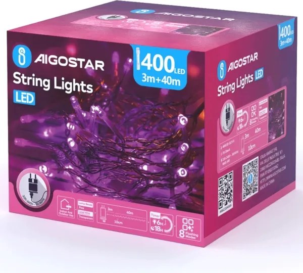 Aigostar - Ghirlandă de Crăciun LED pentru exterior 400xLED/8 funcții 43m IP44 roz