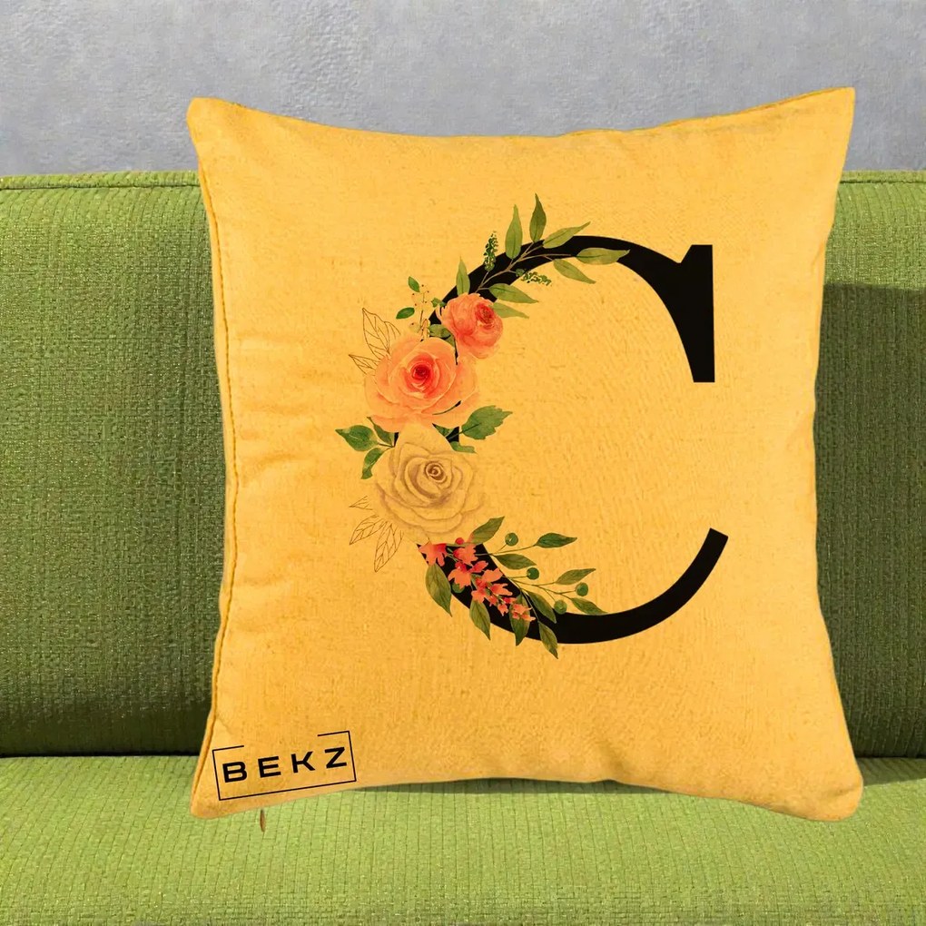 Cadou Personalizat - Perna Personalizata Monograma Florala Litera C, 40x40 cm, Galben, Husa Detasabila, Perna Inclusa, BEKZ®