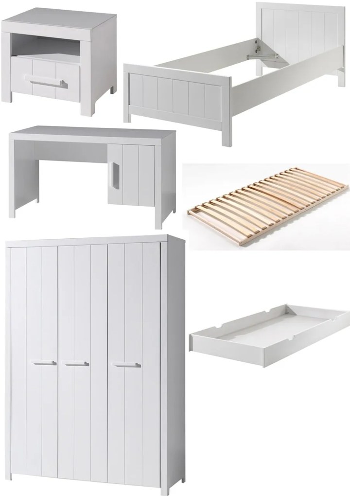 Set Mobilier Cameră Copii ERIK, pat 90x200 cm, dulap cu 3 uși, birou, noptieră și sertar, alb – Vipack
