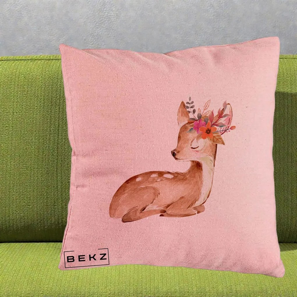 Perna Decorativa Caprioara cu Flori in Coama, 40x40 cm, Roz, Husa Detasabila, Perna Inclusa, BEKZ®