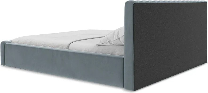 Pat matrimonial albastru deschis tapițat cu spațiu de depozitare cu somieră 160x200 cm Lemi – Makamii
