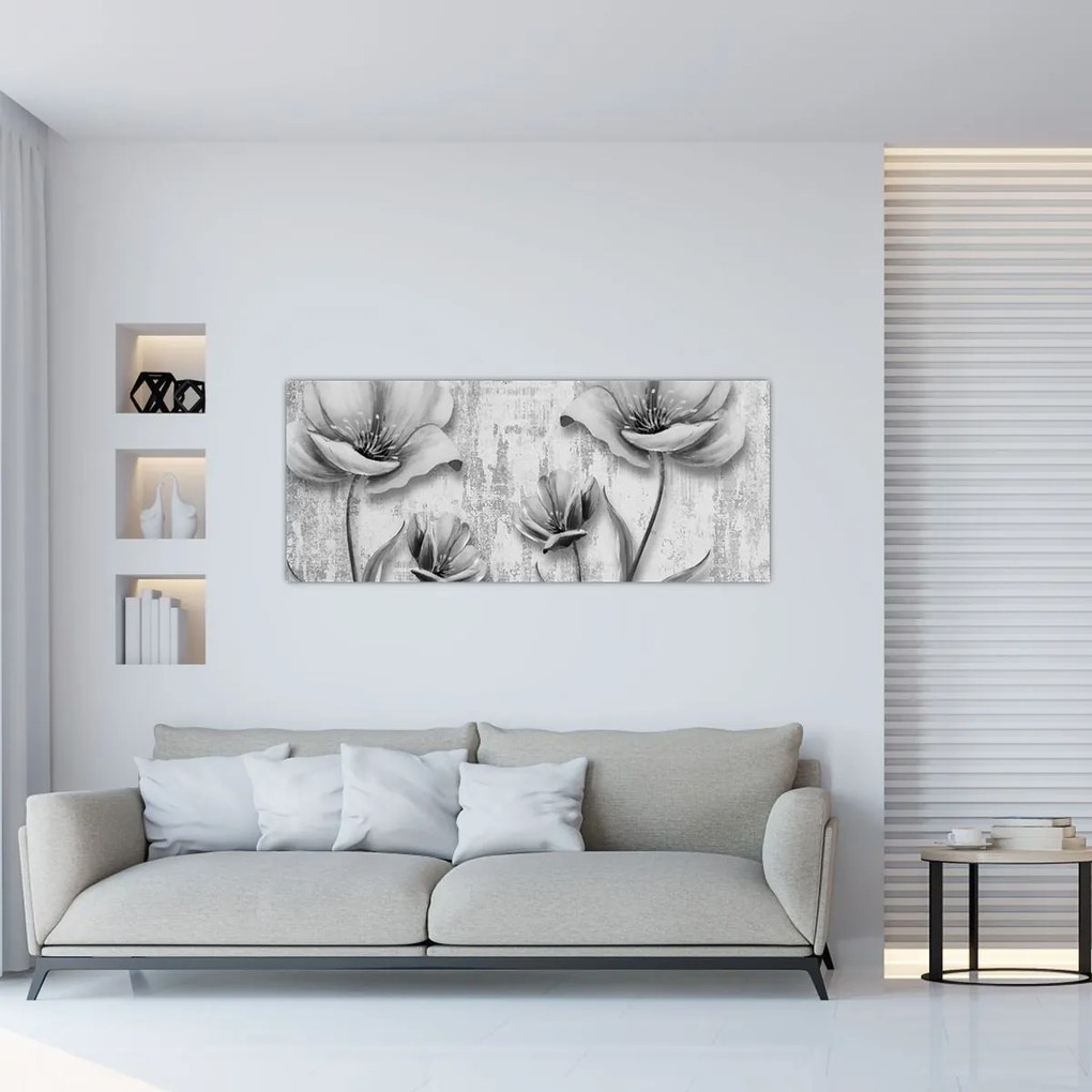 Tablou - Flori alb-negru pe fundal (120x50 cm)