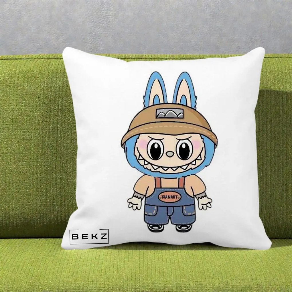 Perna Personalizata Labubu Toanart Blugi, 40x40 cm, Alba Mata, Husa Detasabila, Perna Inclusa, BEKZ®