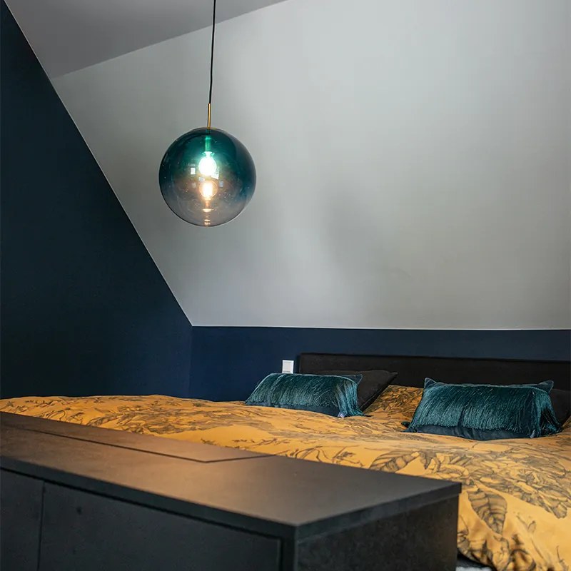 Lampă suspendată Art Deco din alamă cu sticlă albastră ocean 33 cm - Pallon