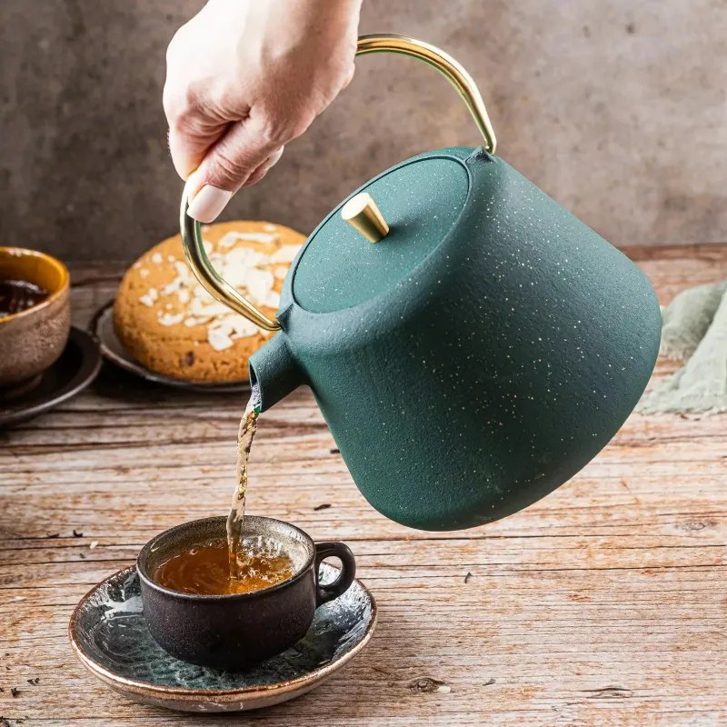 Ceainic din fonta cu infuzor Kinghoff KH 1933, 1 l, Interior emailat, Inducție, Verde