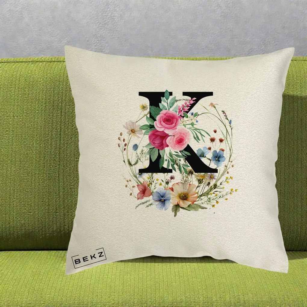 Cadou Personalizat - Perna Personalizata Monogram Litera K cu Flori Acuarela, 40x40 cm, Ecru, Husa Detasabila, Perna Inclusa, BEKZ®