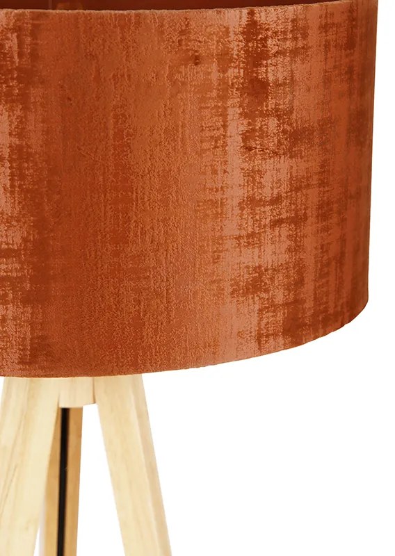 Lampă de podea din lemn cu umbră de țesătură portocalie 50 cm - Tripod Classic