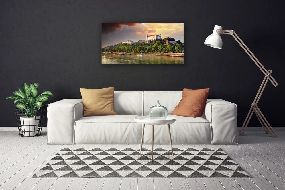 Tablou pe panza canvas City Lake Peisaj Alb Brun Verde