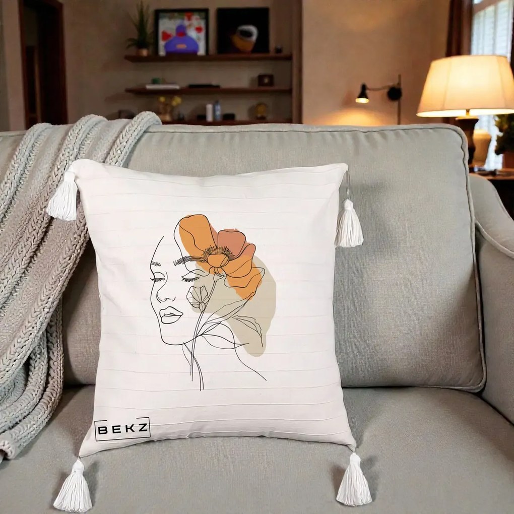 Perna Decorativa Portret Feminin Mac Mare Portocaliu, 40x40 cm, Bej cu Franjuri, Husa Detasabila, Perna Inclusa, BEKZ®